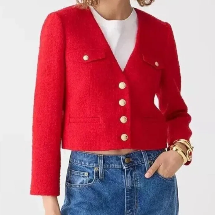 J. Crew V-neck Lady Jacket in Maritime Tweed red festive size 16 gold button - Image 5