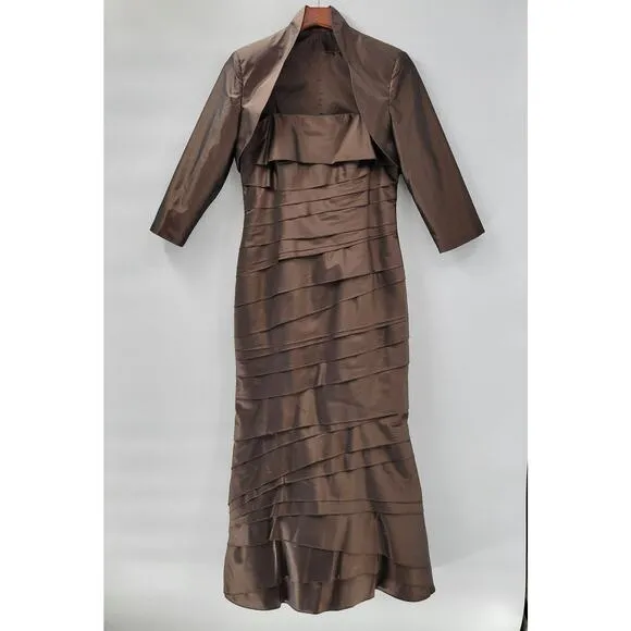 Rina di Montella Silk Jacket Dress 2 Pc 10 Brown Trumpet Tiered Mother of Bride - Image 2