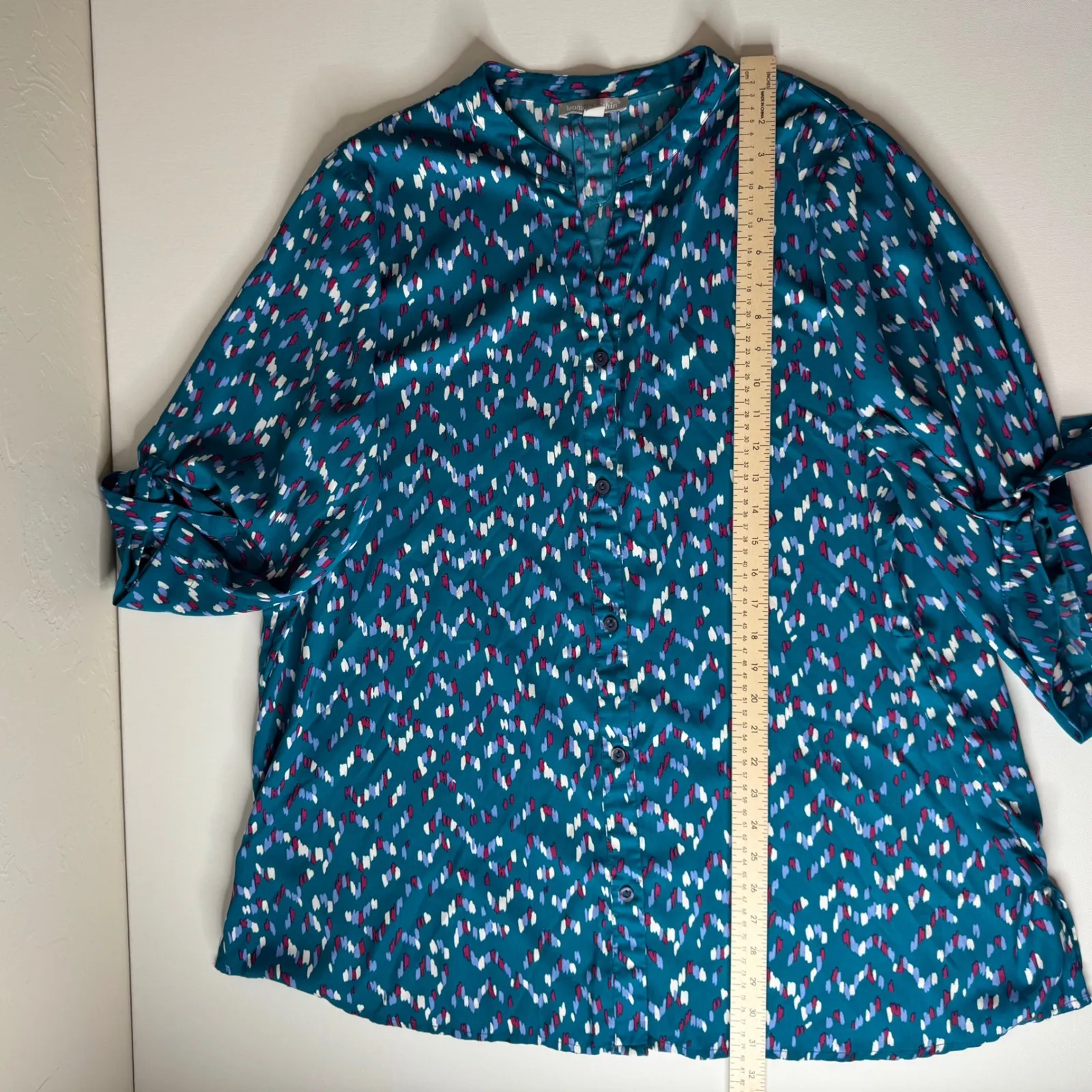 Woman Within Abstract Button Down Blouse Size 18/20 Teal Roll Tab Colorful Boho - Image 11