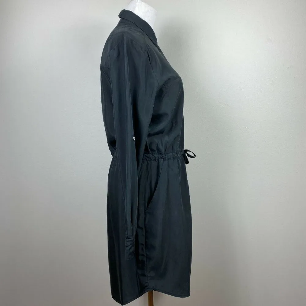 Lou & Grey Shirt Dress Womens Small Black Button Up Tie Waist Long Tabbed Sleeve - Image 2