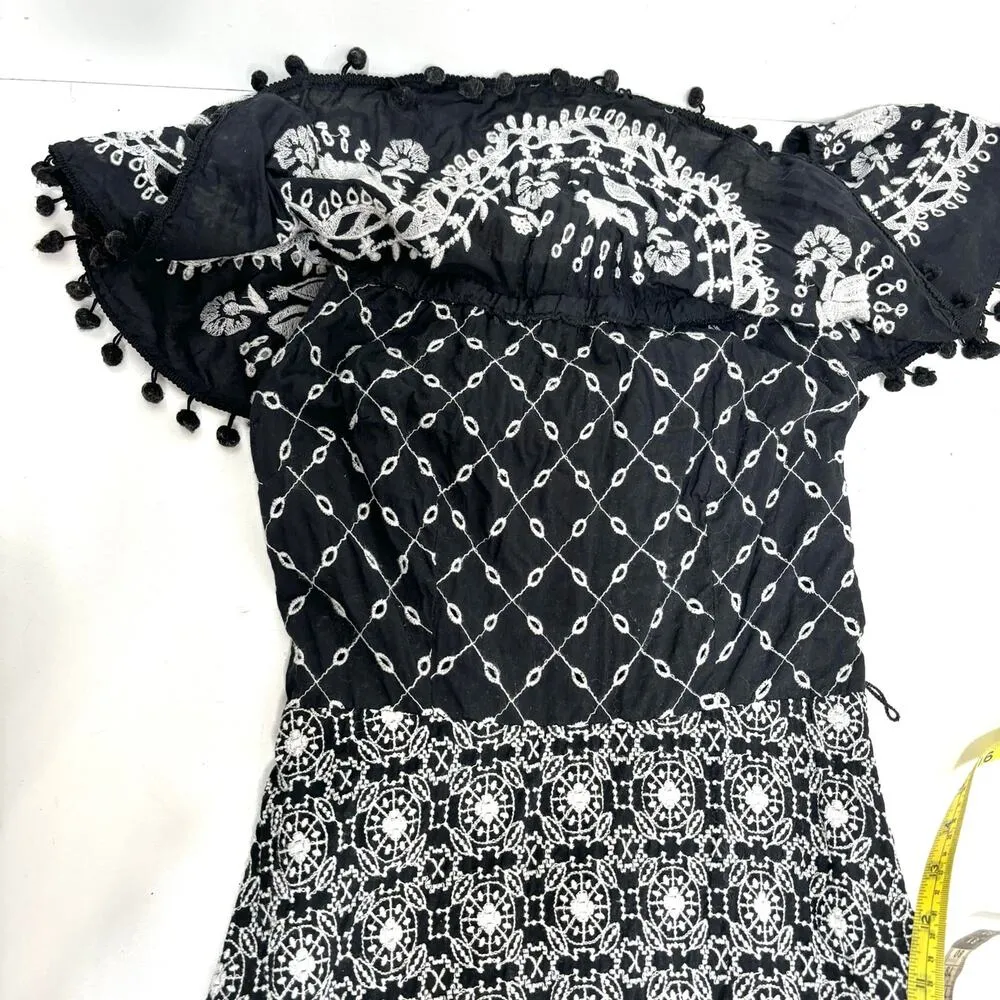Anthropologie Marisol Off The Shoulder Embroidered Midi Dress Black, White 0 - Image 12