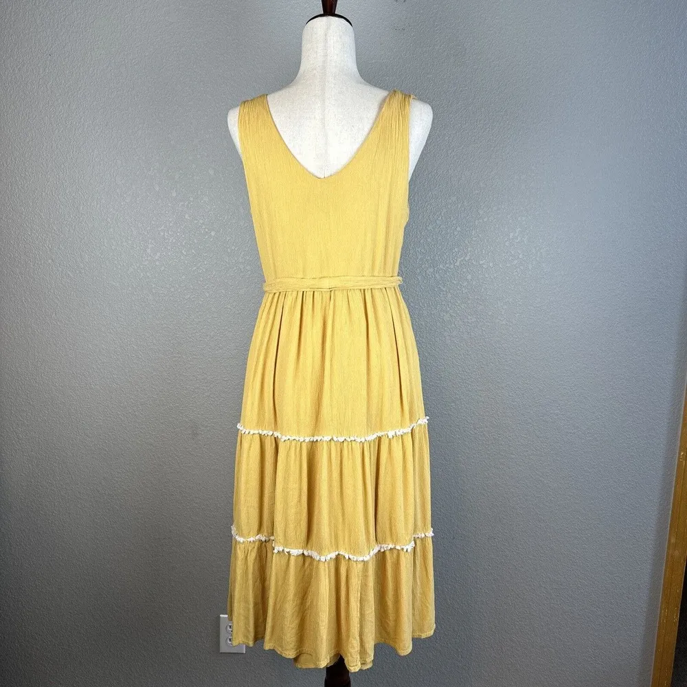 Joie Womens Boho Embroidered Tiered Midi Dress 8 Yellow Crinkle Gauze Belted - Image 4