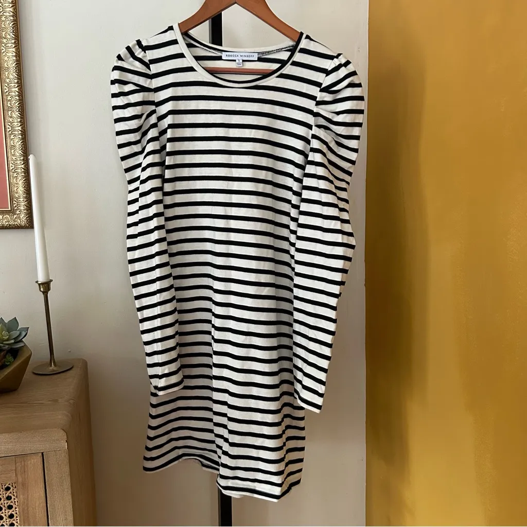 Rebecca Minkoff Talia Striped Puff Sleeve T-Shirt Dress Black Cream $128 Size S - Image 2
