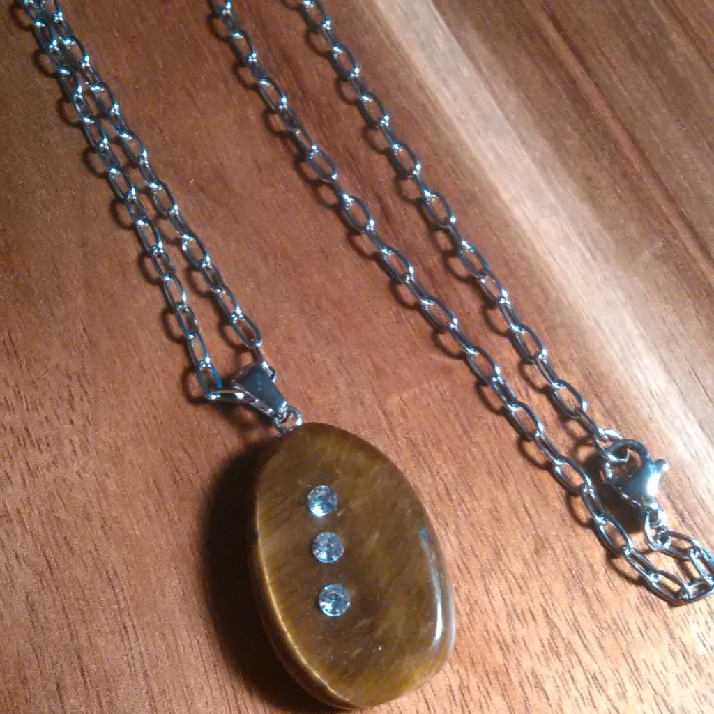 Tiger's Eye and White Austrian Crystal Stainless Steel Pendant Necklace - Image 9