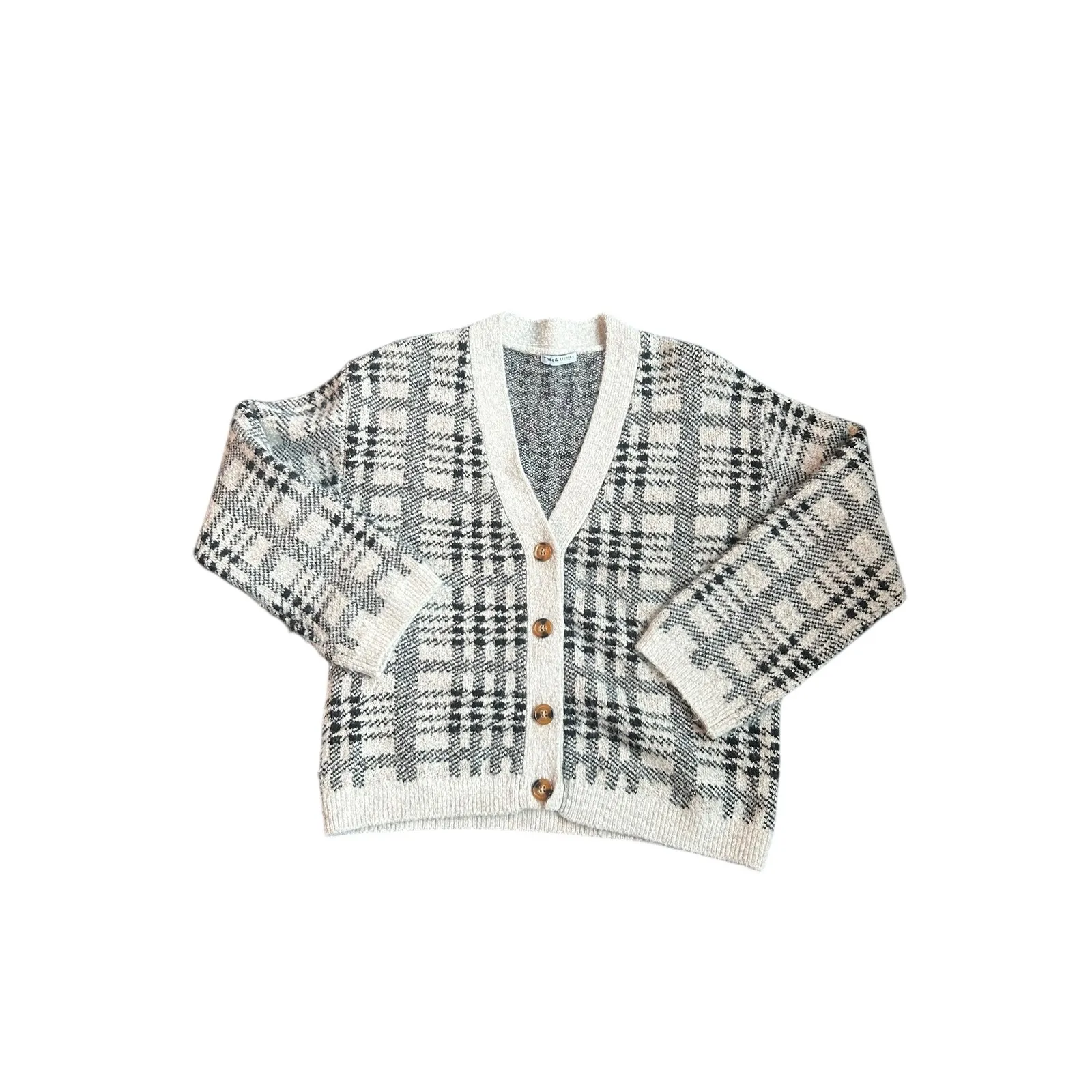 Theo & Spence Plaid Grandpa Cardigan Knit Sweater Women's Beige Black Size Large Tan - Image 4