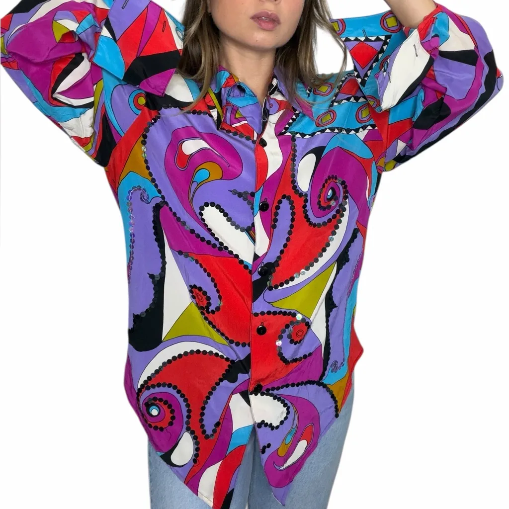 Vintage Silk Psychedelic Print Top - Image 3