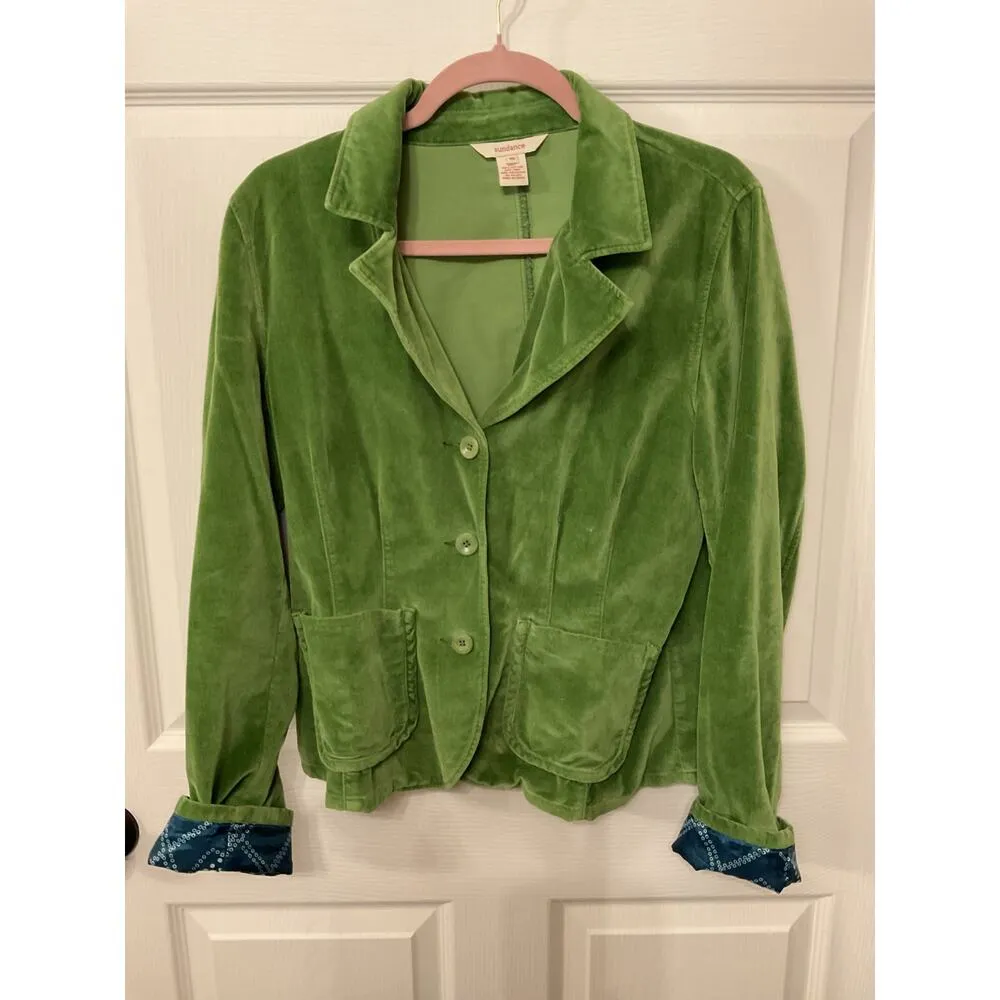 Sundance Vintage Y2K Leaf Green Velvet Blazer with Contrast Cuffs, 10 - Image 3