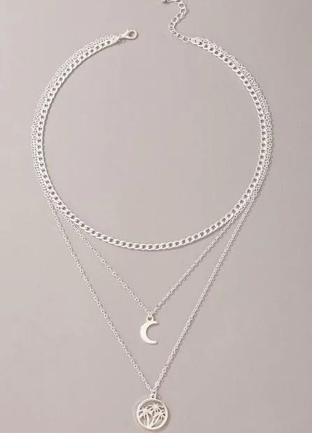 Moon & Palm Trees Charm Layered Necklace Silver - Image 3