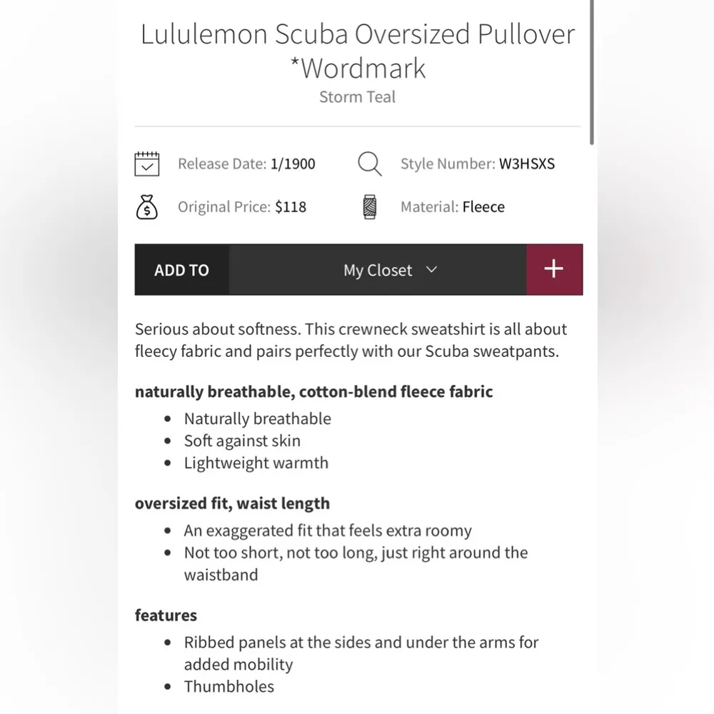 Lululemon NWT  Scuba Oversized Pullover Wordmark Storm Teal Sweatshirt Size M L - Image 5