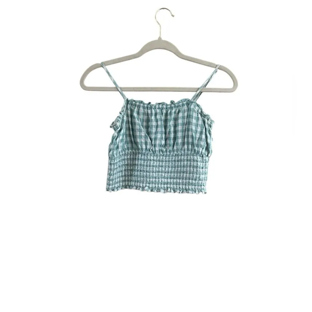 American Eagle Dusty Sage Gingham Smocked Cami XP - Image 4
