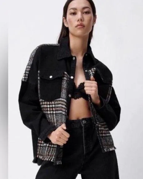 ZARA Contrast Black Denim & Tweed Plaid Mix Snaps Outer Jacket Shaket Size Large - Image 2