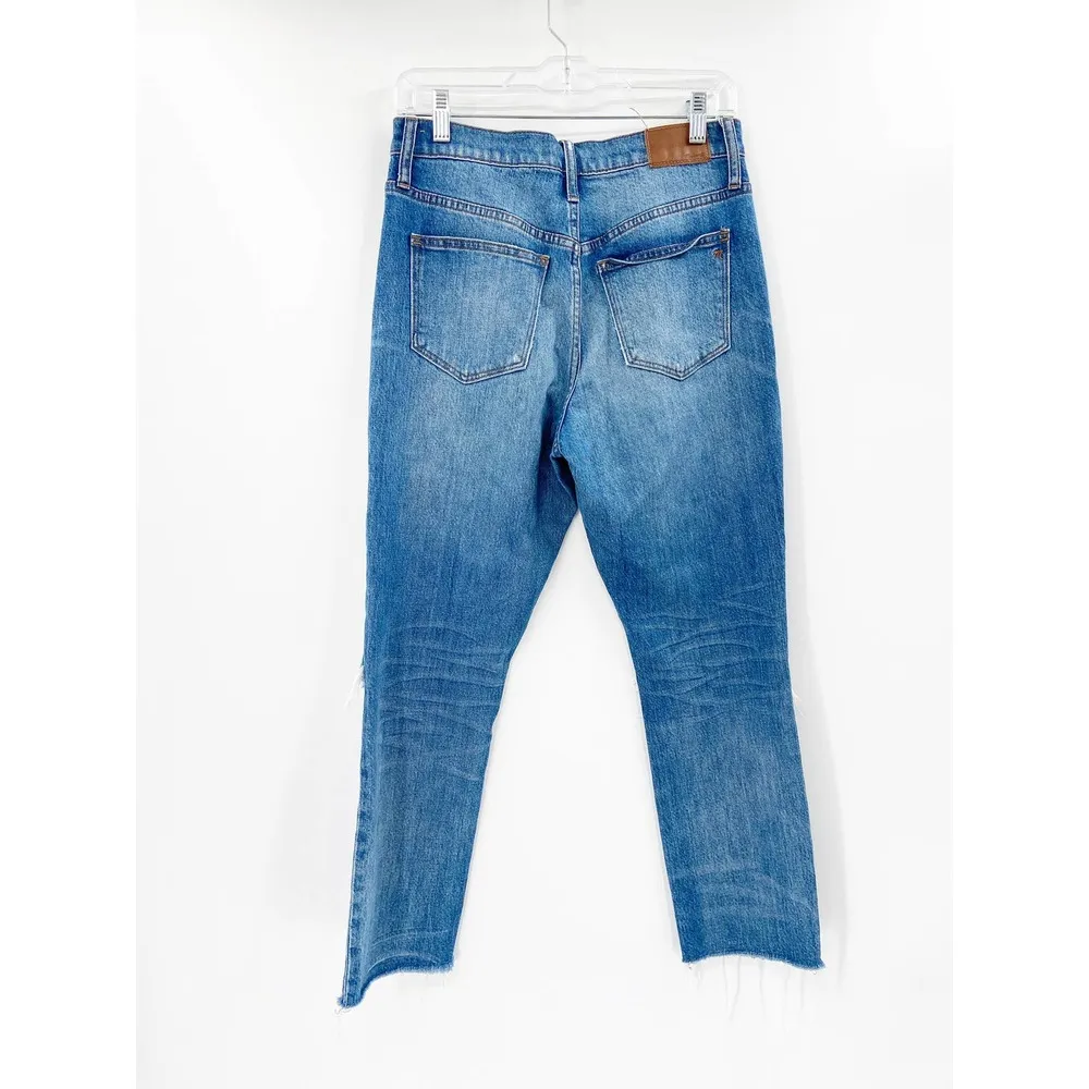 Madewell Blue Denim Ripped Knee Raw Hem Distressed High Rise Boyfriend Jeans - Image 4