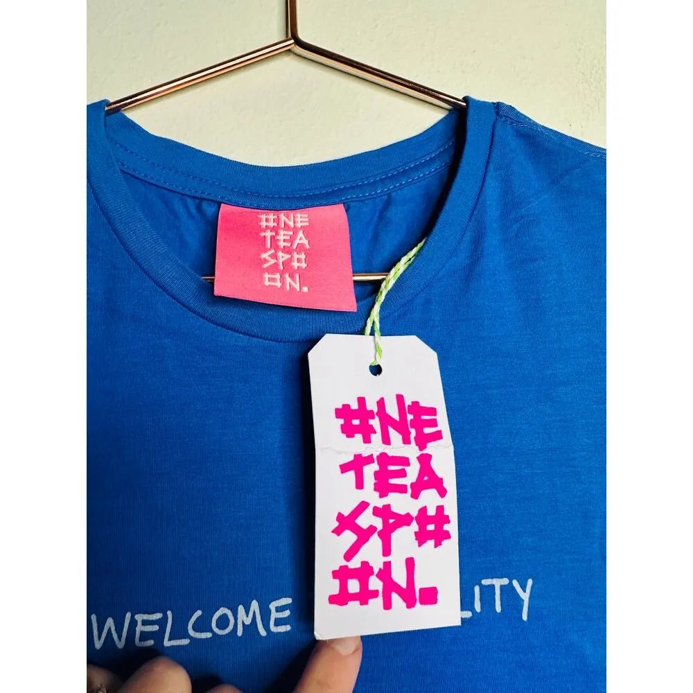 ONE TEASPOON Cobalt Blue Welcome To Reality Fitted Short Sleeve T-Shirt Size XS - Image 5