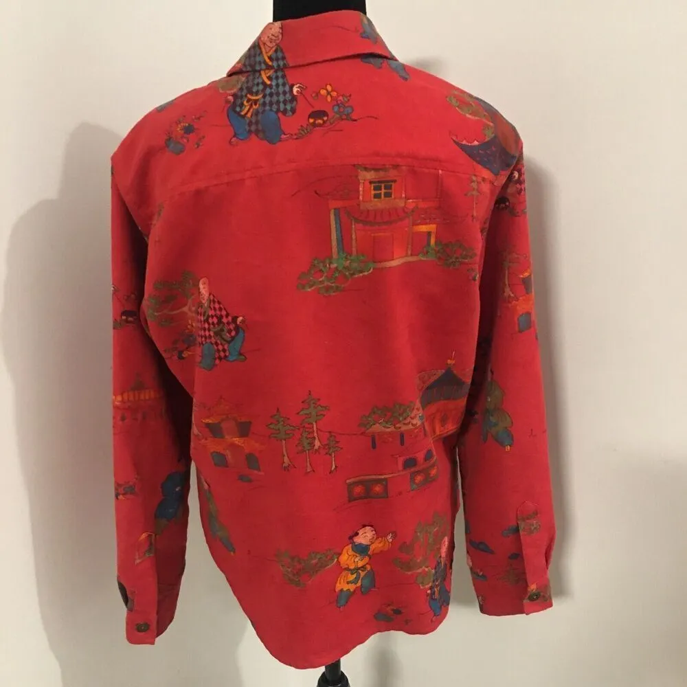 CHICO'S Red Faux Suede Chinese Scene Long Sleeve Blouse Jacket Sz 1 or Small - Image 4