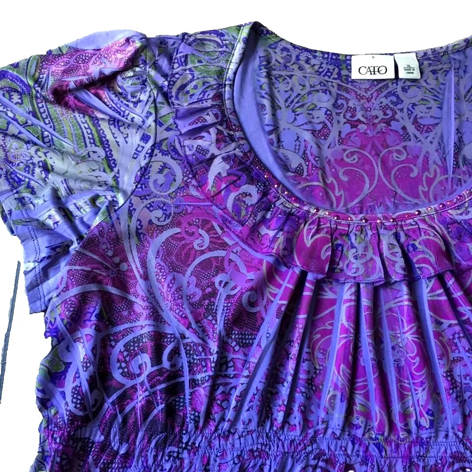 Y2K Sublimation Top Women XL Purple Floral Boho Embellished Short Sleeve Cato - Image 2