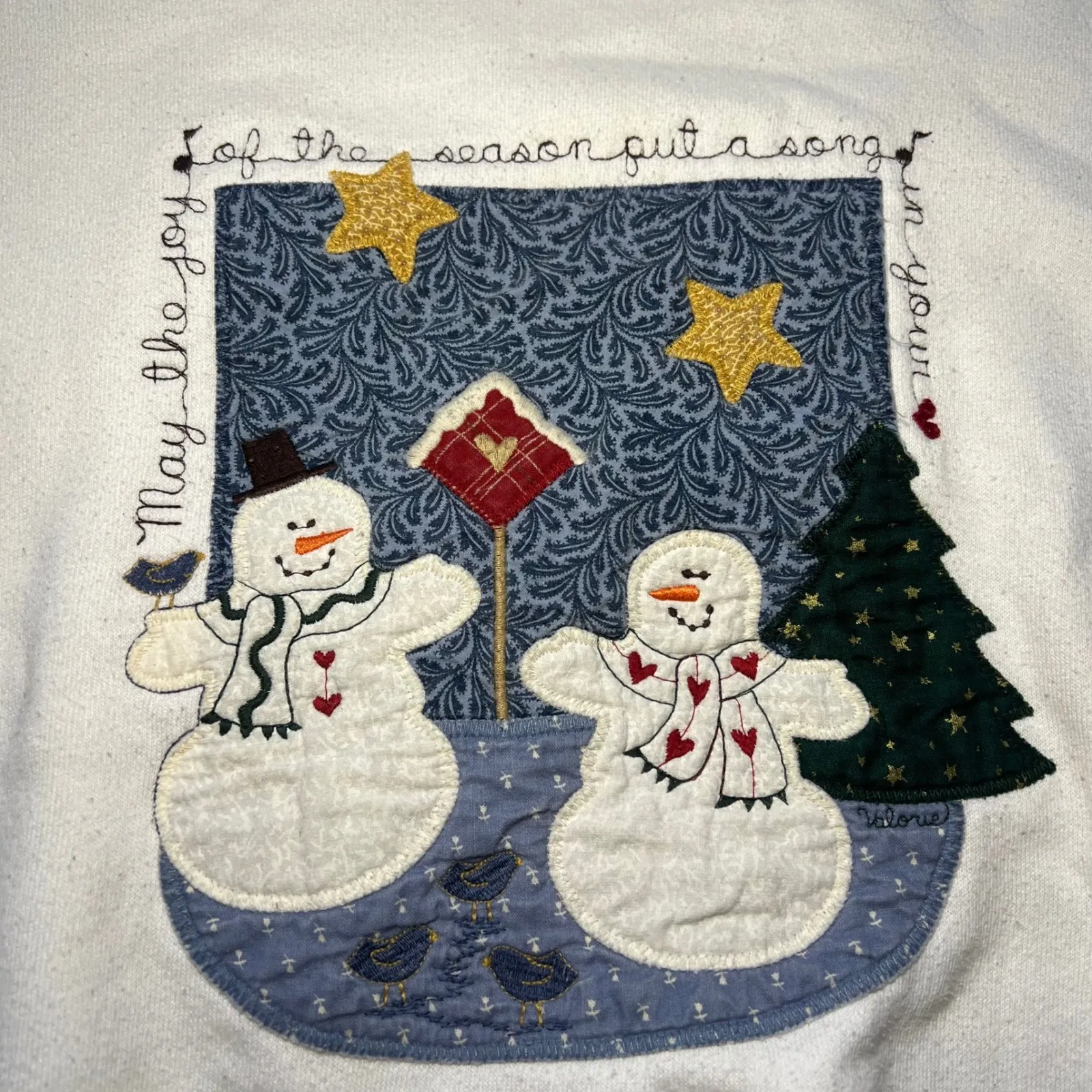 VTG 90s Folk Art Applique
Sweatshirt XL Embroidered Snowman Made‎ USA Christmas White - Image 2
