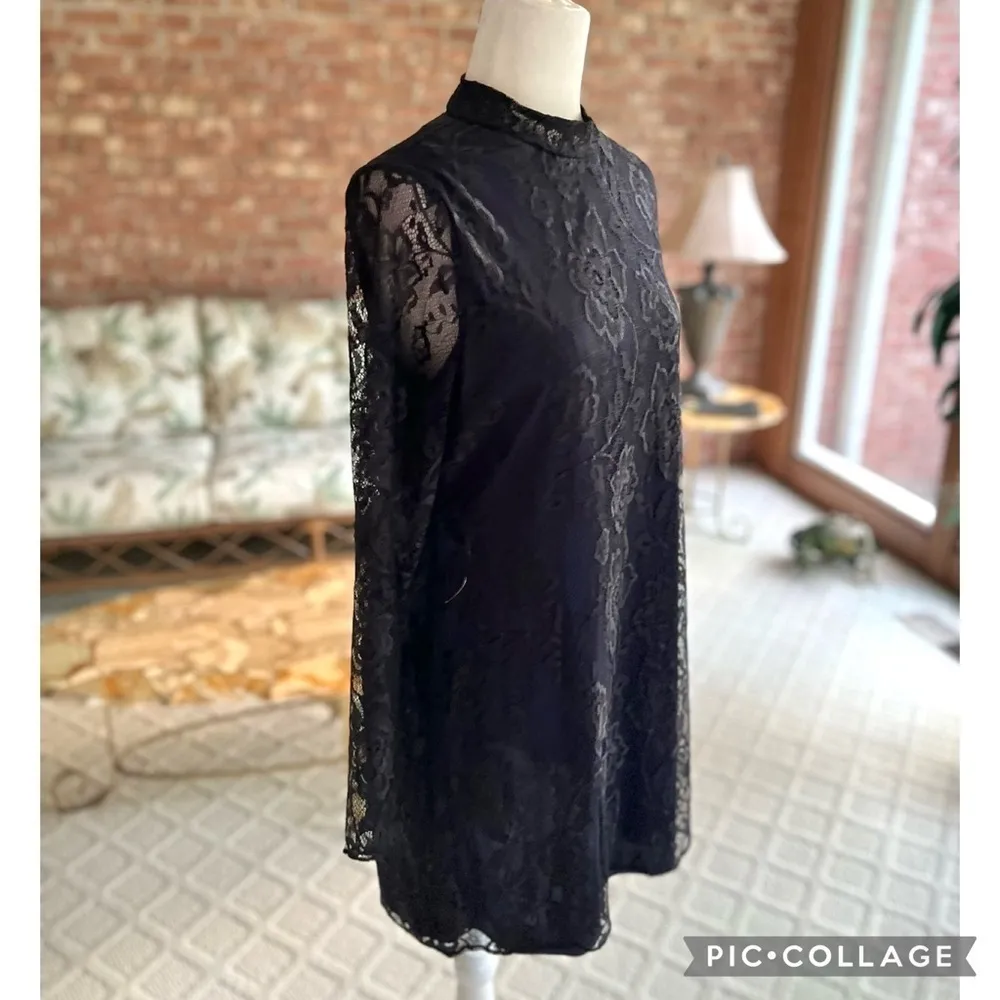 Zara Dress Mini Lace Mini Blue Black Contrast S High Neck Long Sleeve Party Mod - Image 12