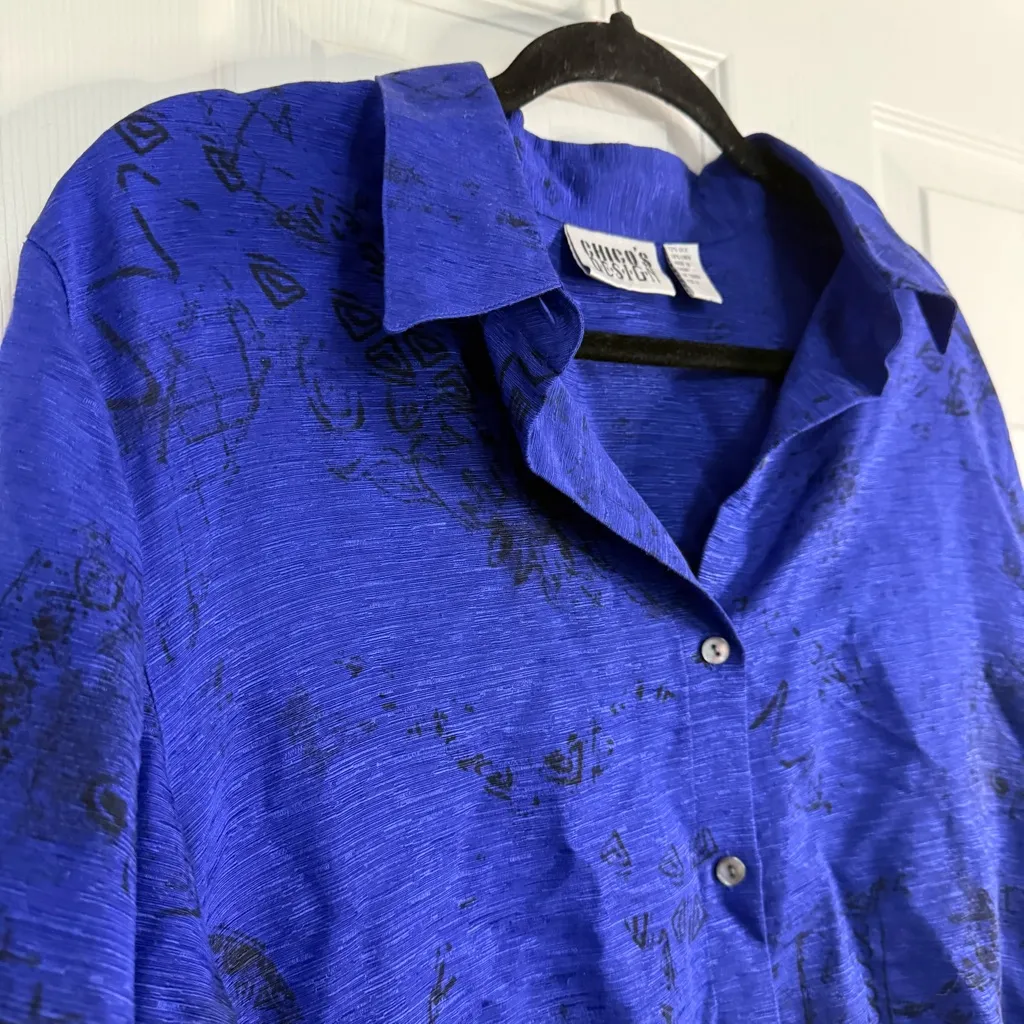 Chico's Vintage Royal Blue Silk Linen Blend Button-Down Shirt L - Image 4