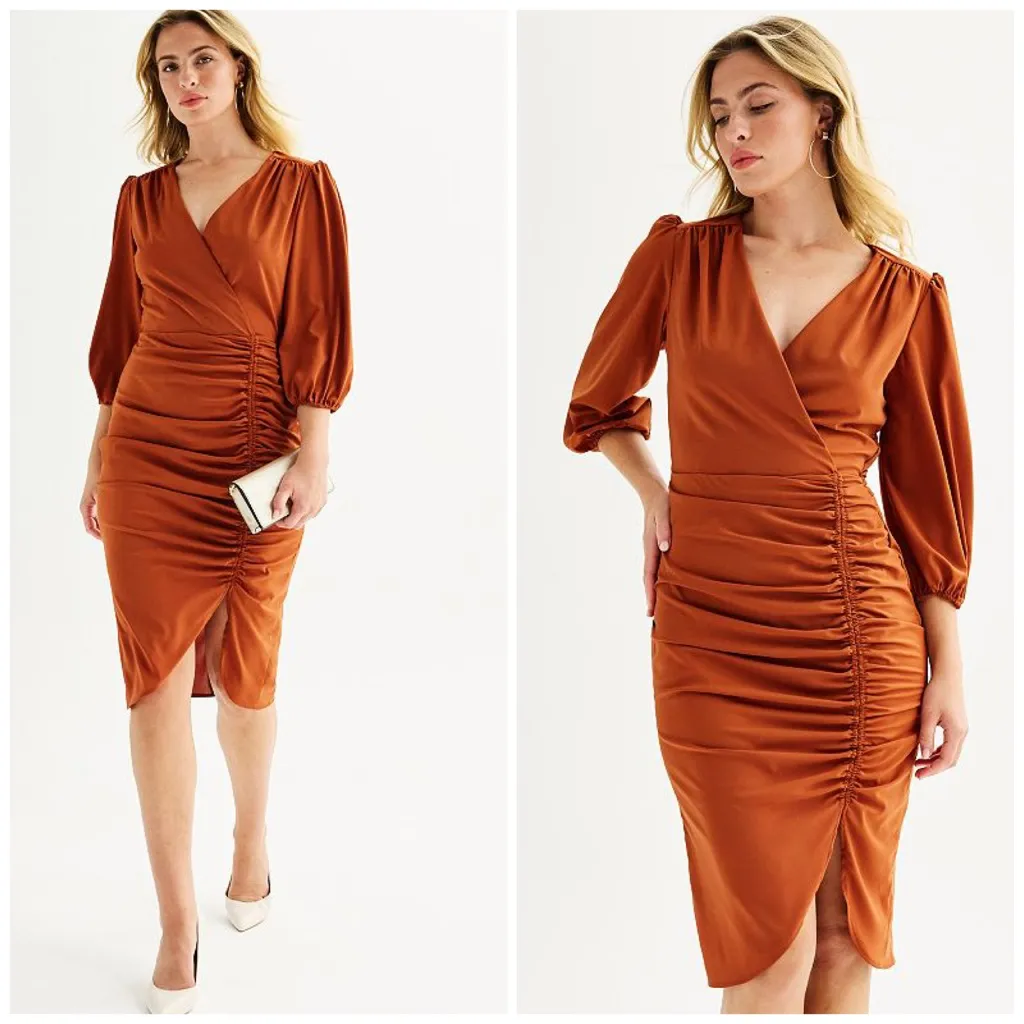 Maison Tara Rust Satin Ruched Midi Dress Size 4 Puff Sleeve Wrap Cocktail Orange - Image 2