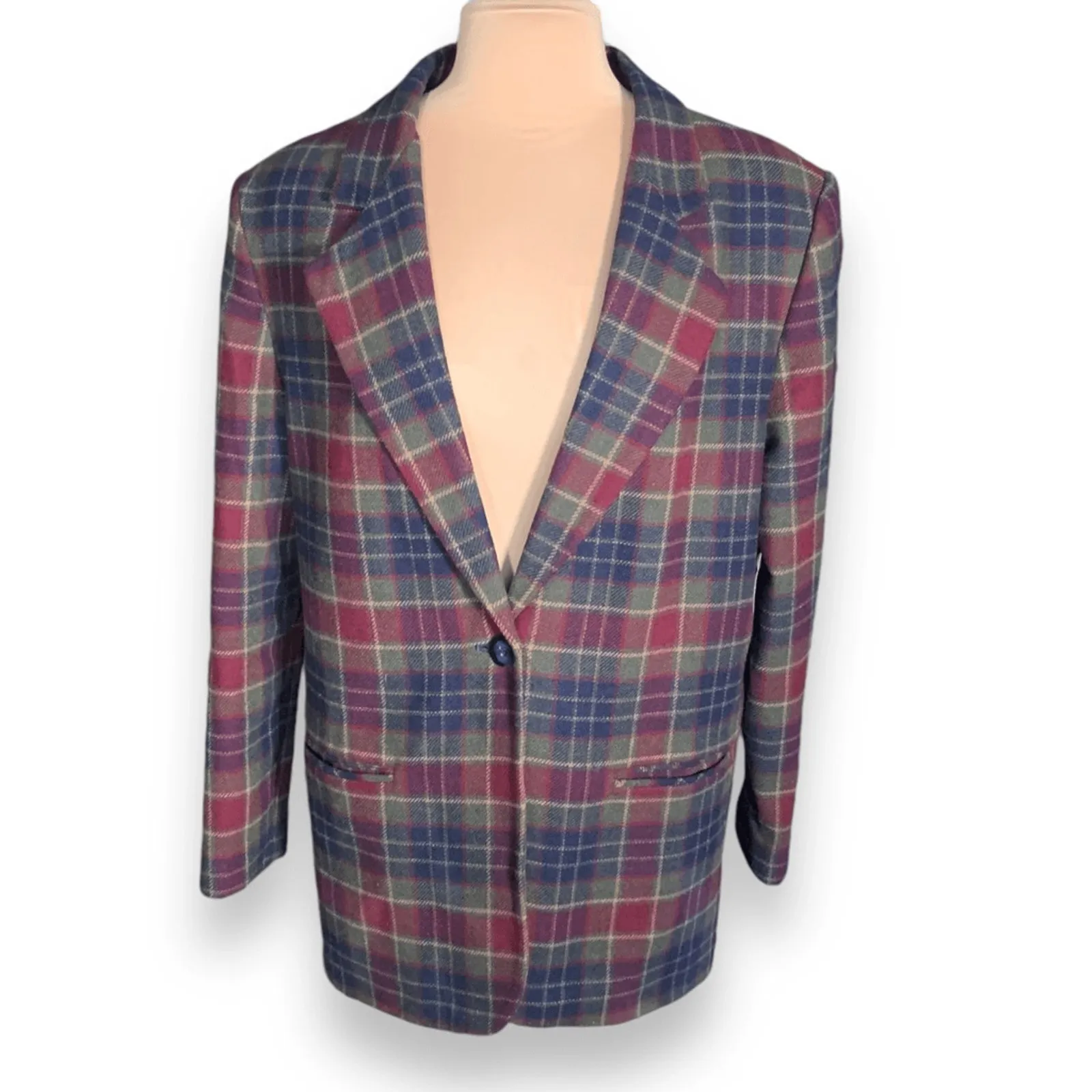 Vintage Plaid Wool Blazer Jacket Womens Size 14 Burgundy Navy Green Preppy Red - Image 3