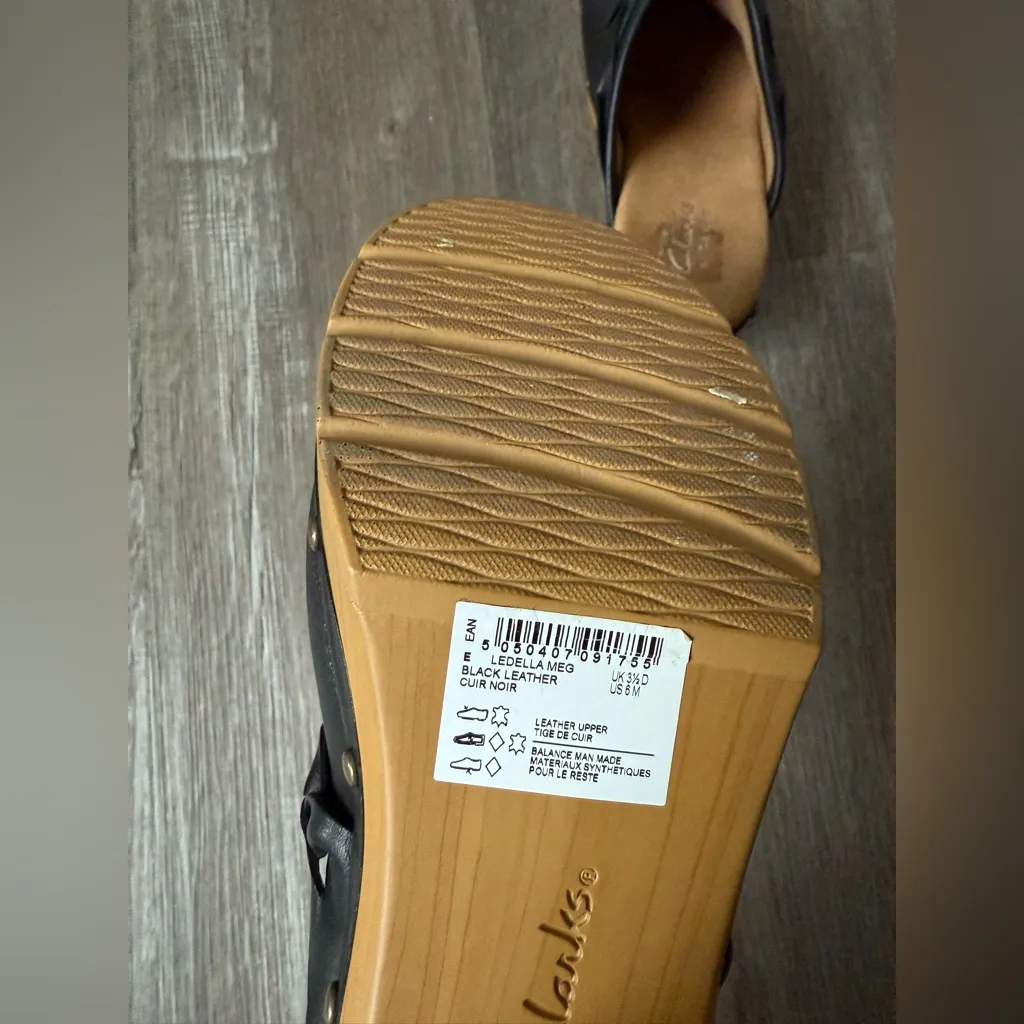 Clark’s Artisan Ledella Meg Black Leather Clogs Mule Heels Wooden Heel Size 6 - Image 8