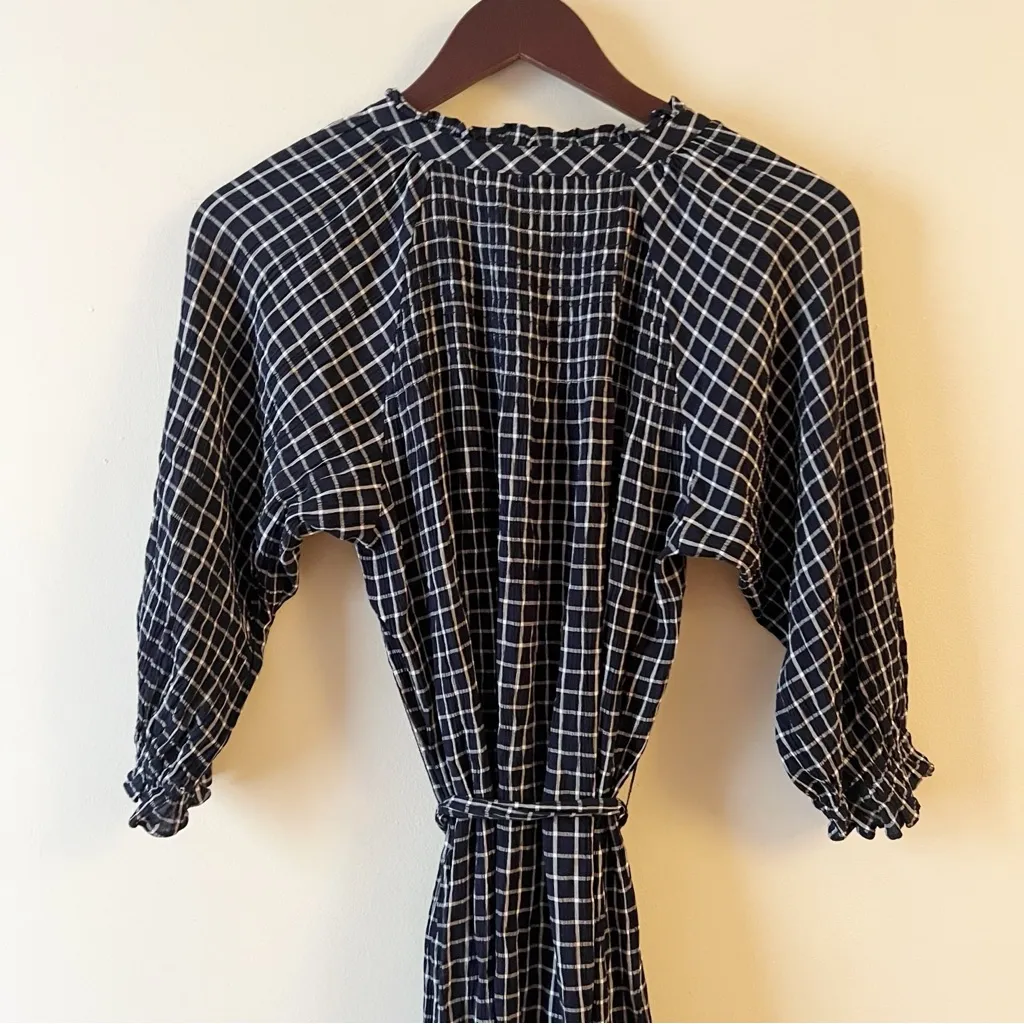 Anthropologie Maeve Sara Smocked Belted Tie-Waist Navy Plaid Shirt Dress XS - Image 9