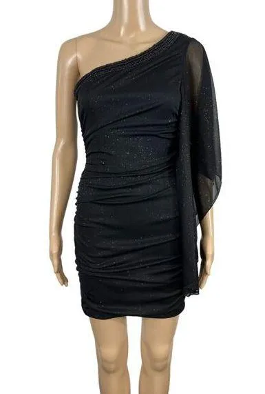 Body Central Womens Mini Dress One Shoulder Drape Sleeve Bodycon Glittery Small - Image 1