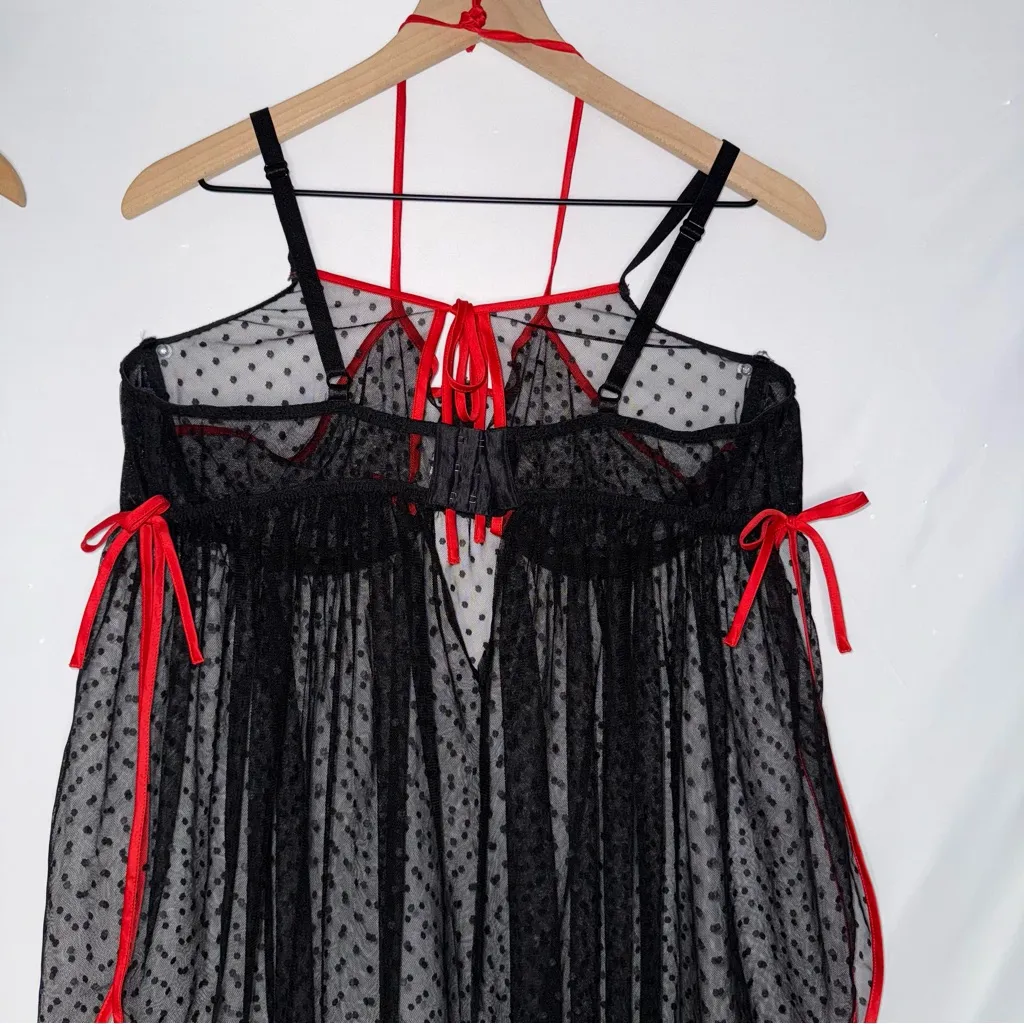 Whimsigoth Goth Polkadot Mesh Lingerie Babydoll Chemise Dress red Black Sheer Size L - Image 5