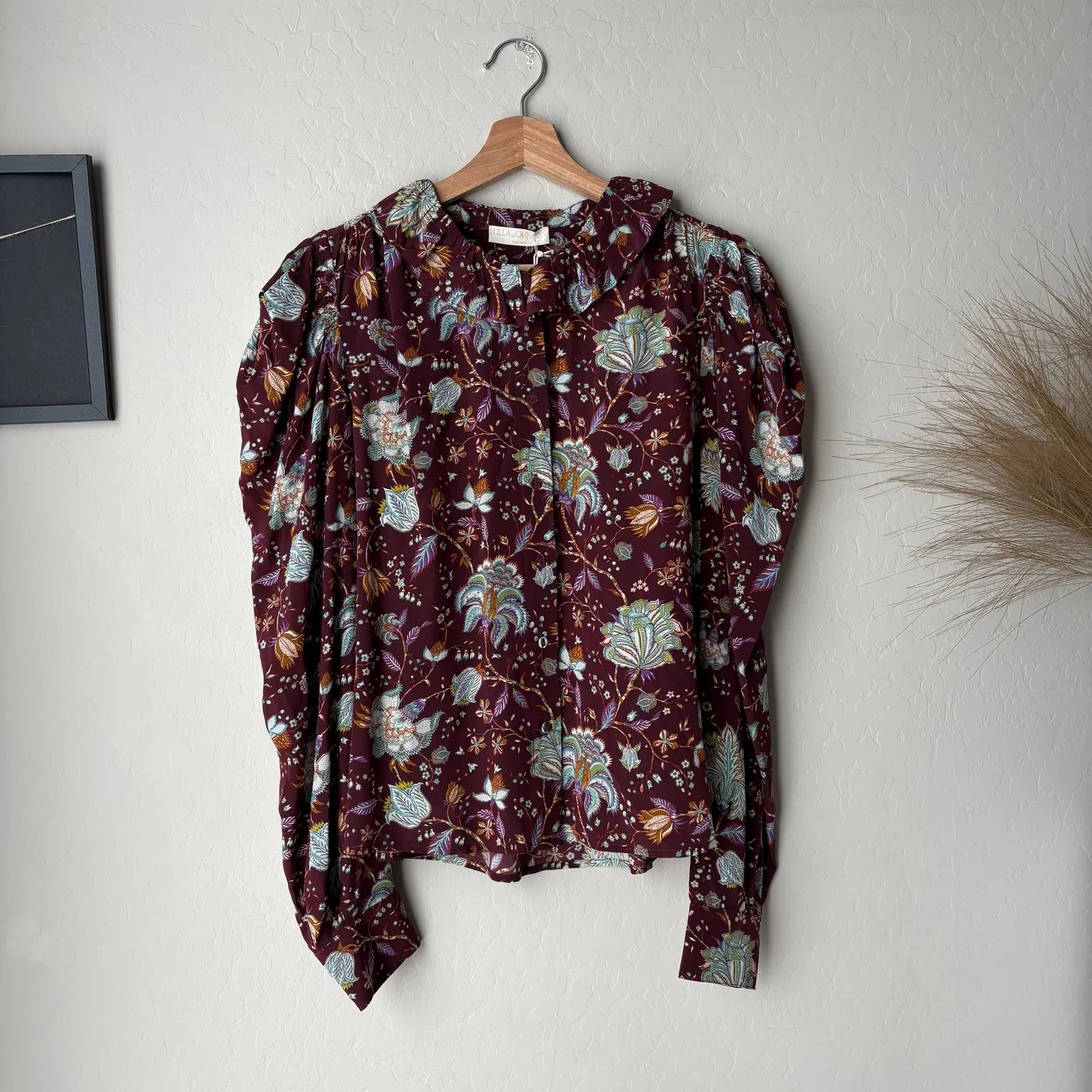 Ulla Johnson‎ Blouse Dara Floral Ruffle Neck Long Puff Sleeve Top Red Size 8 - Image 2