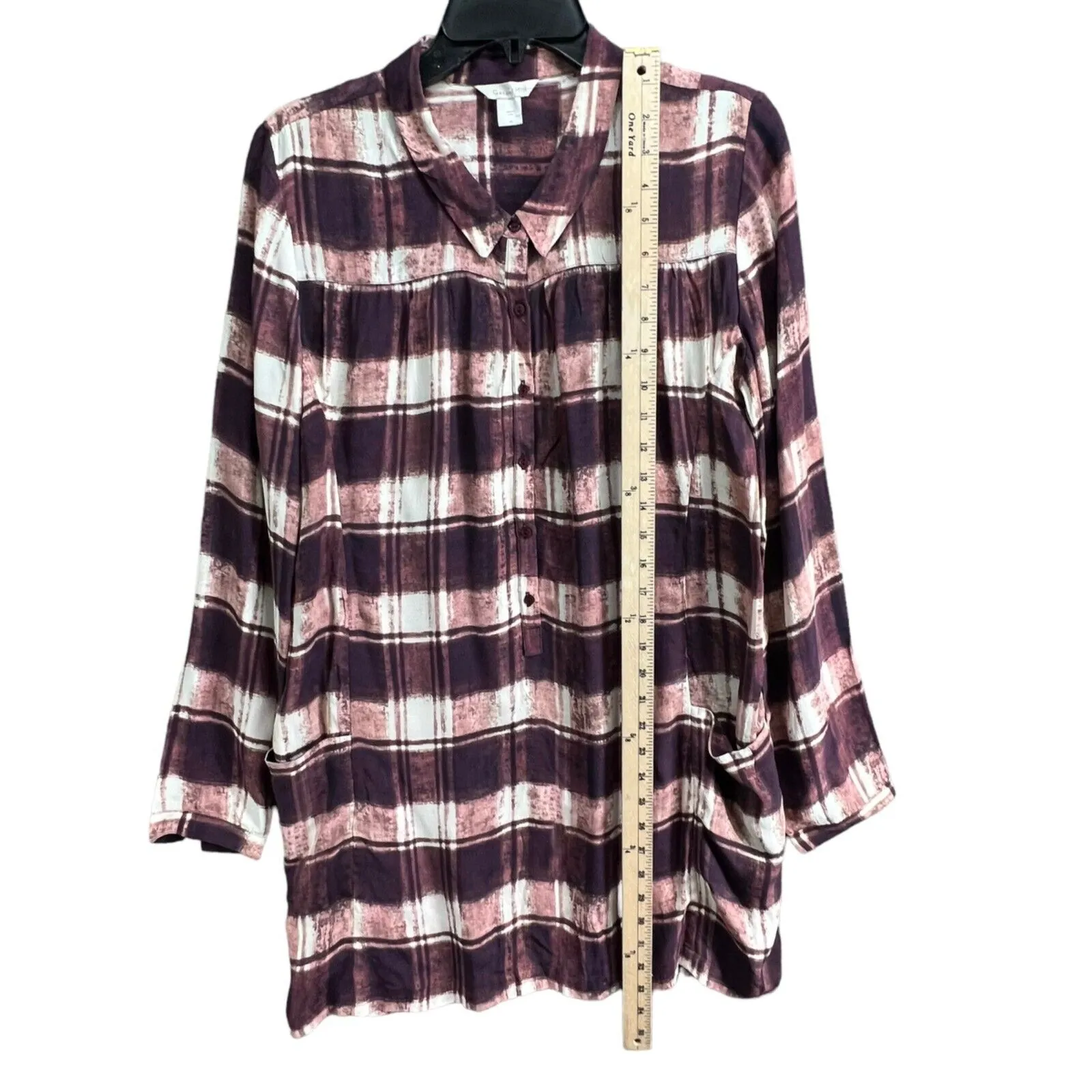 Garnet Hill Tunic Top Women 6 Purple Plaid Crepe Popover Shirt Casual Cottage - Image 9