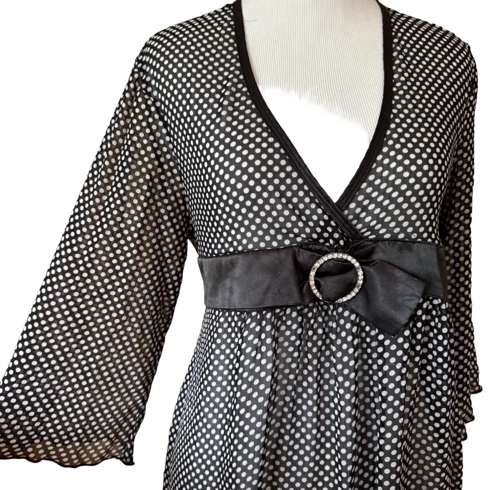 Vintage sheer polka dot Knit Werks babydoll blouse Jr XL Black - Image 4