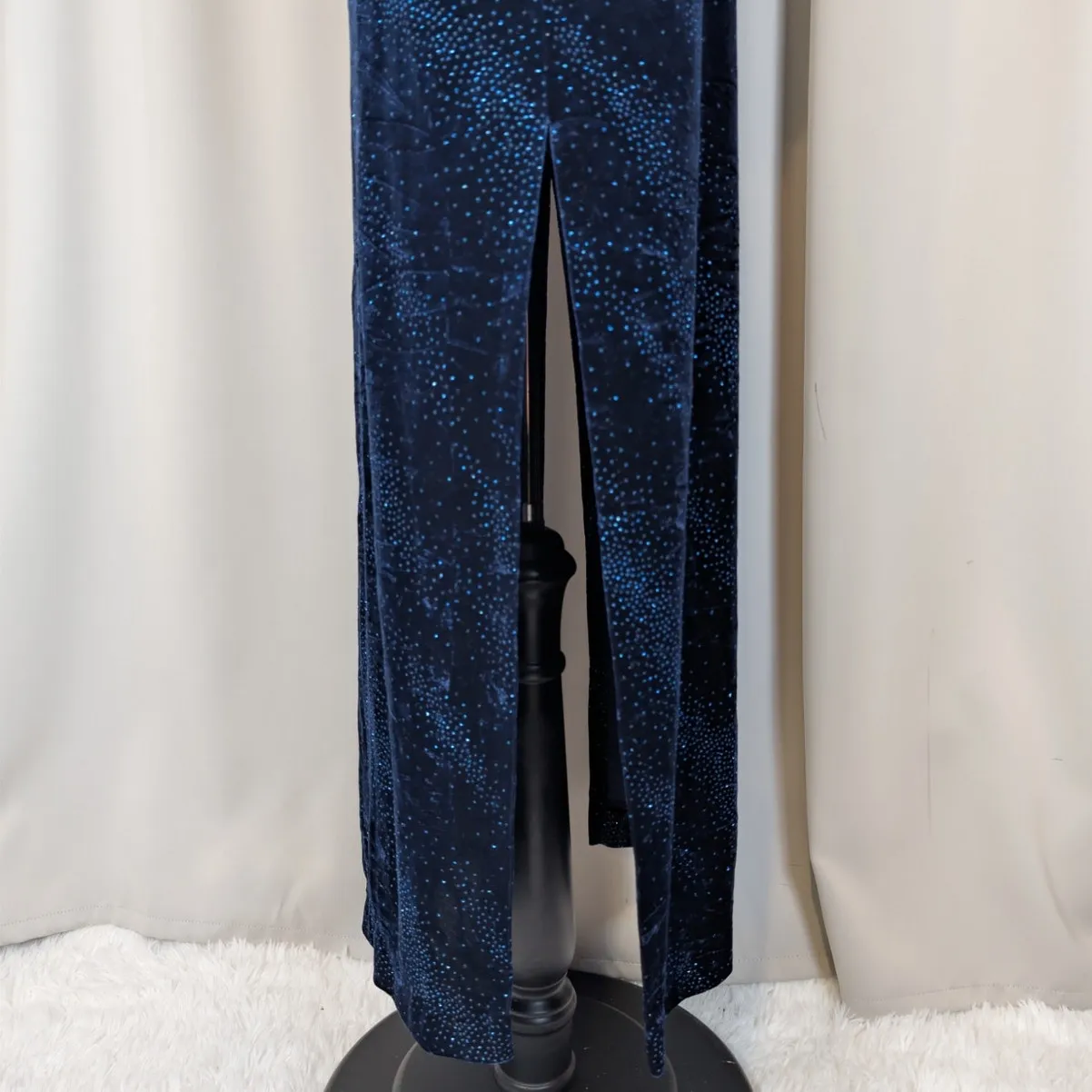 Vintage Y2K L.A. Glo Blue Velvet Maxi Dress – Open Back Tie, Glitter Dot - Image 9