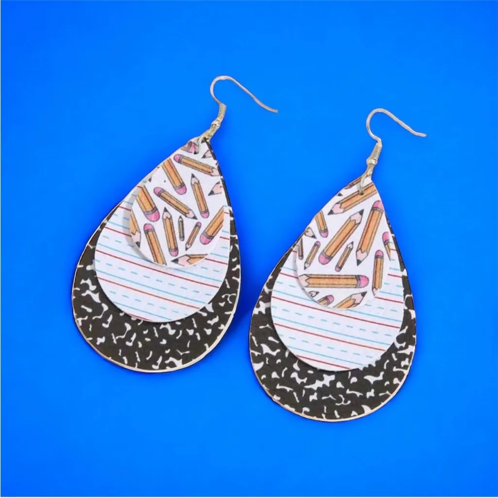 Water‎ drop shape 3 layer faux leather light weight teacher dangle earrin… - Image 2