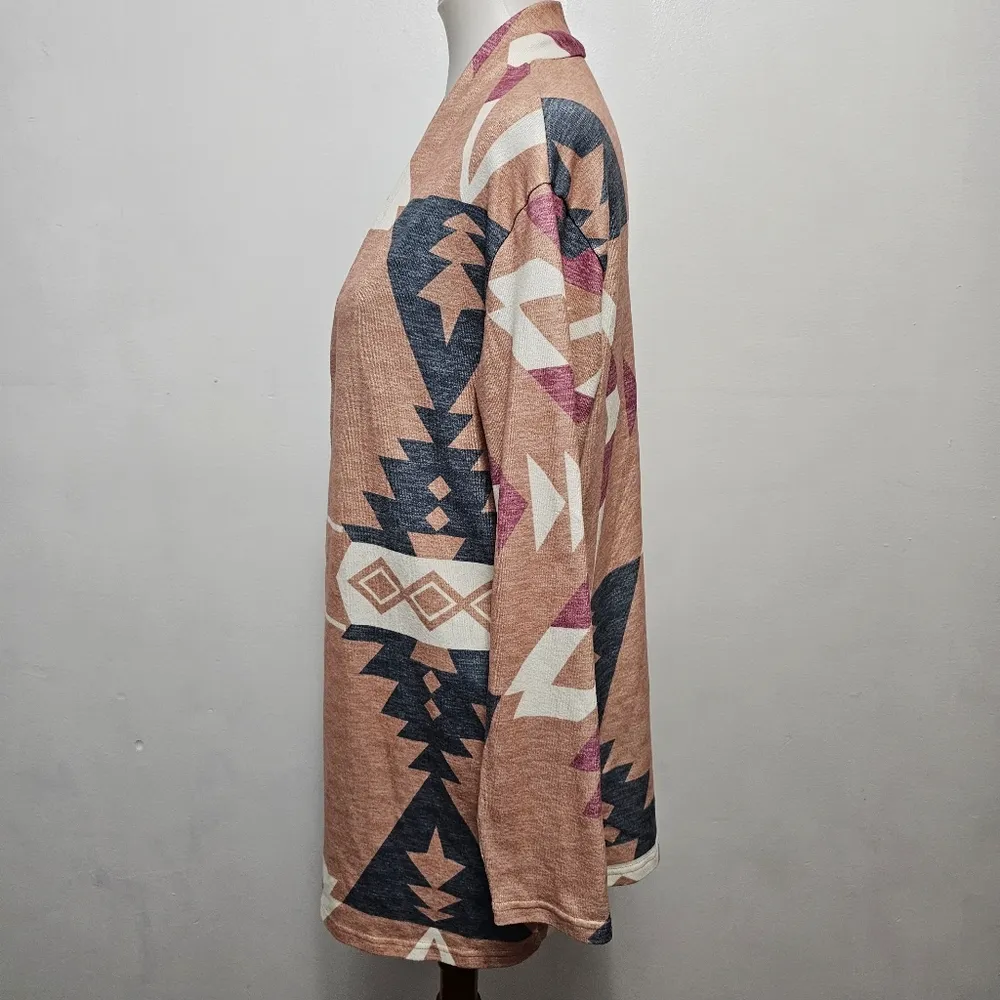 Khaki Aztec Ethnic Brushed Knit Open Front Cardigan Size Small Tan - Image 3