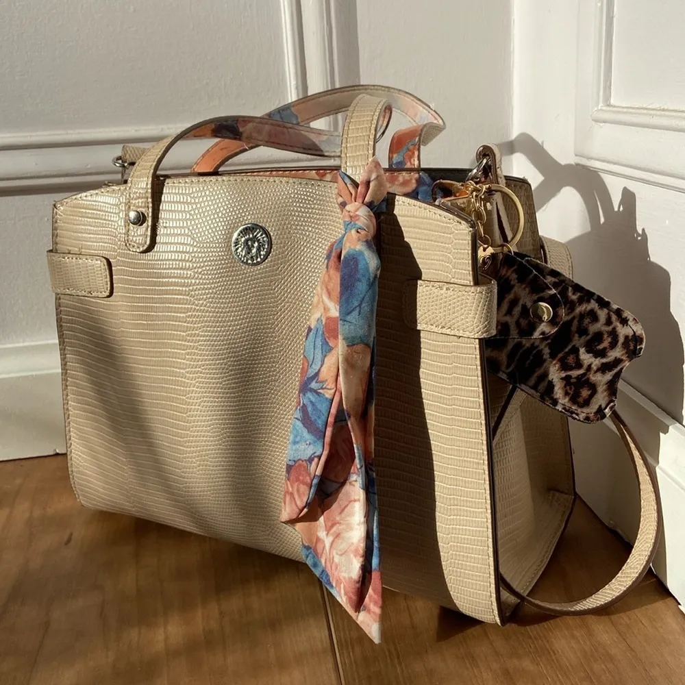 Anne Klein Bonded Satchel Triple Compartment Taupe Neutral Spring Crossbody - Image 2