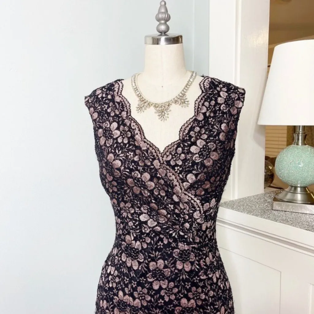 Tahari Lace V Neck Sheath Dress Black & Pink Rose Gold 2 XS - Image 4