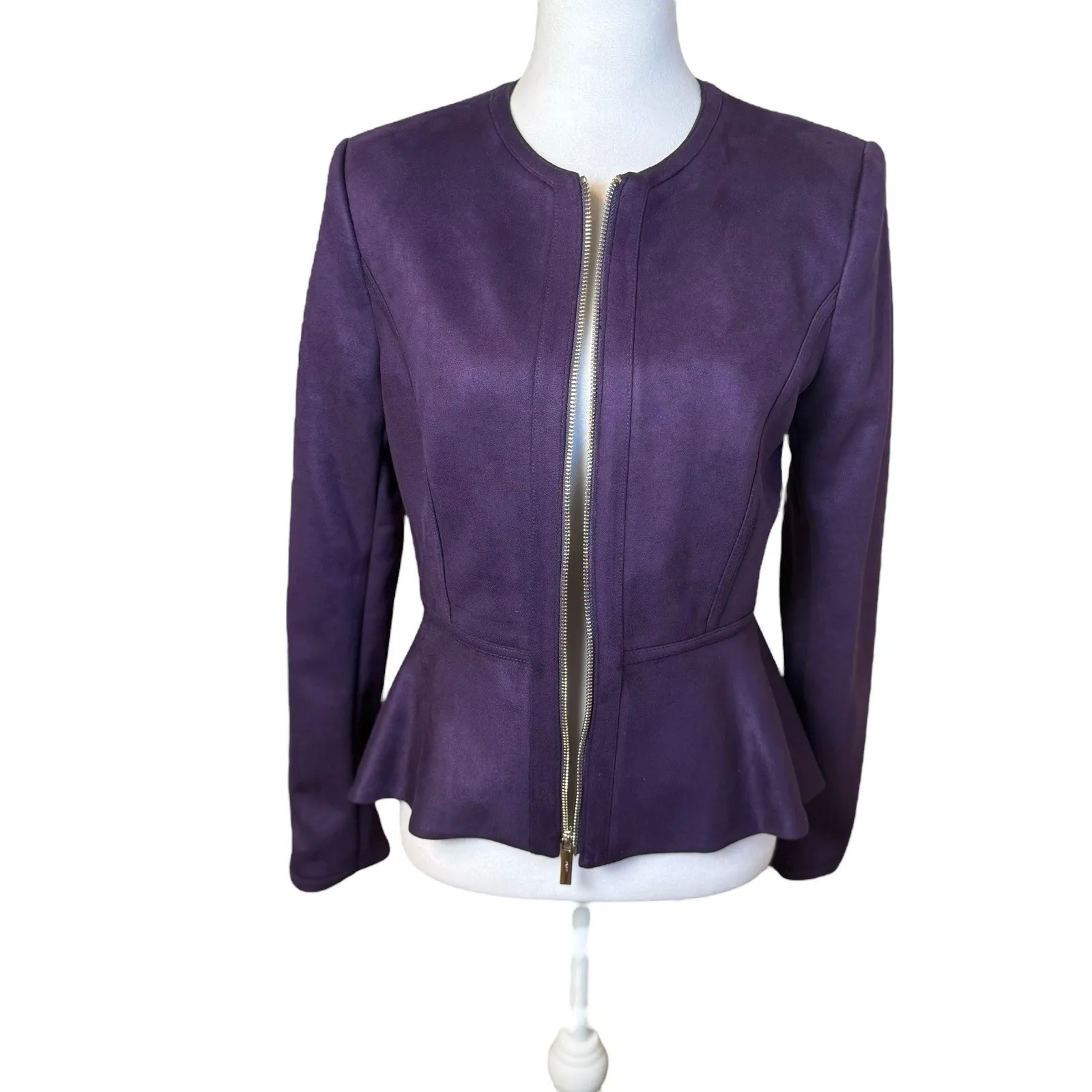 DKNY Women's Faux-Suede Zip-Front Peplum Jacket Purple Size 4 Career Office Work - Image 9