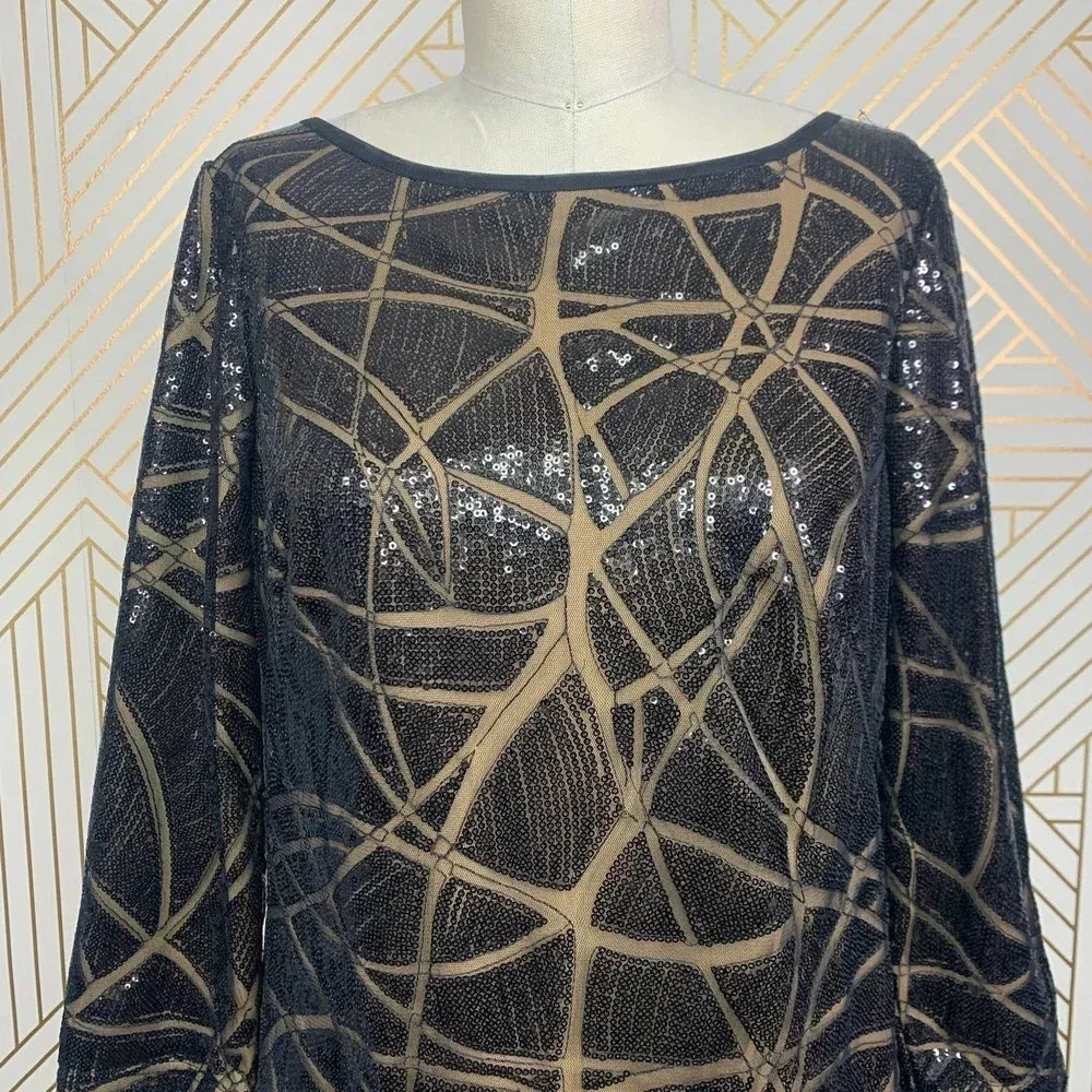 Tadashi Shoji Black Nude Sequin 3/4 Sleeve Mini Dress Size‎ US 6 - Image 3