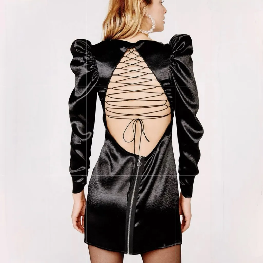 For Love & Lemons Prince Lace-Up Satin Mini Dress Black Puff Sleeve~Small 🧡 - Image 12