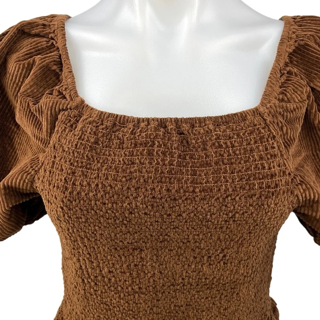 American Eagle Brown Corduroy Peplum Smocked Velvet Velour Crop Top Blouse Sz L Size L - Image 3