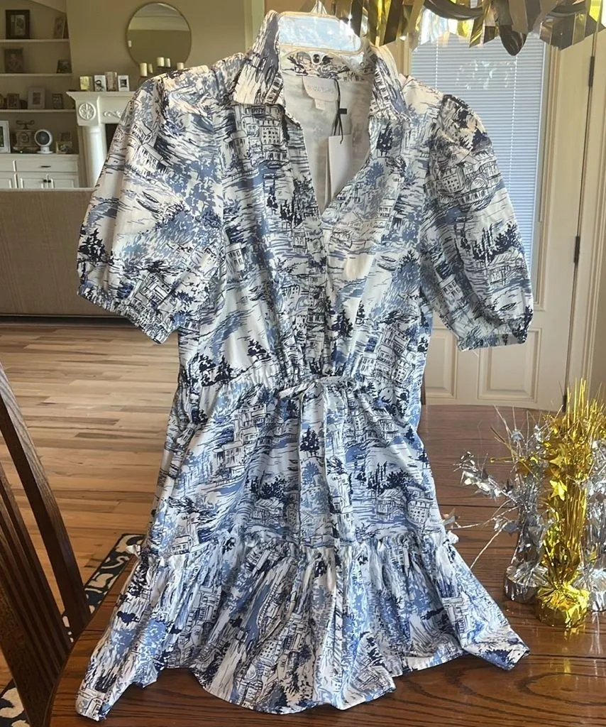 Sugar Lips Cutesy Flirty Blue White Etching Mini Dress Ruffle Hem New - Image 15