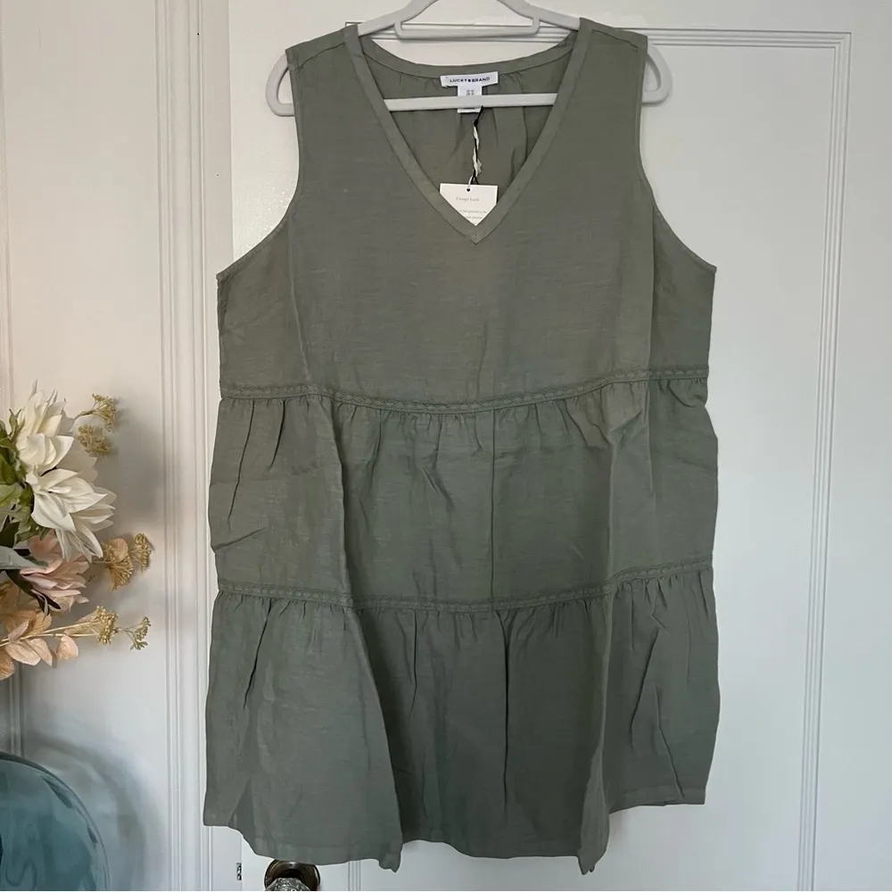Lucky Brand Plus Size Linen Sleeveless V-neck Tiered Crochet Trim Mini Dress 1X - Image 3