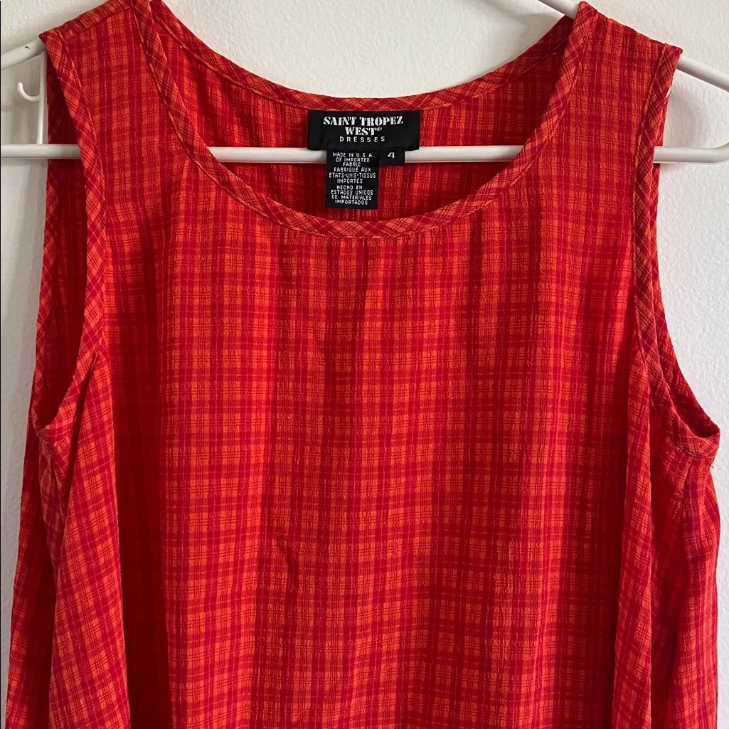 Vintage Saint Tropez West Vibrant Red and Orange Plaid Mini Dress - Image 3