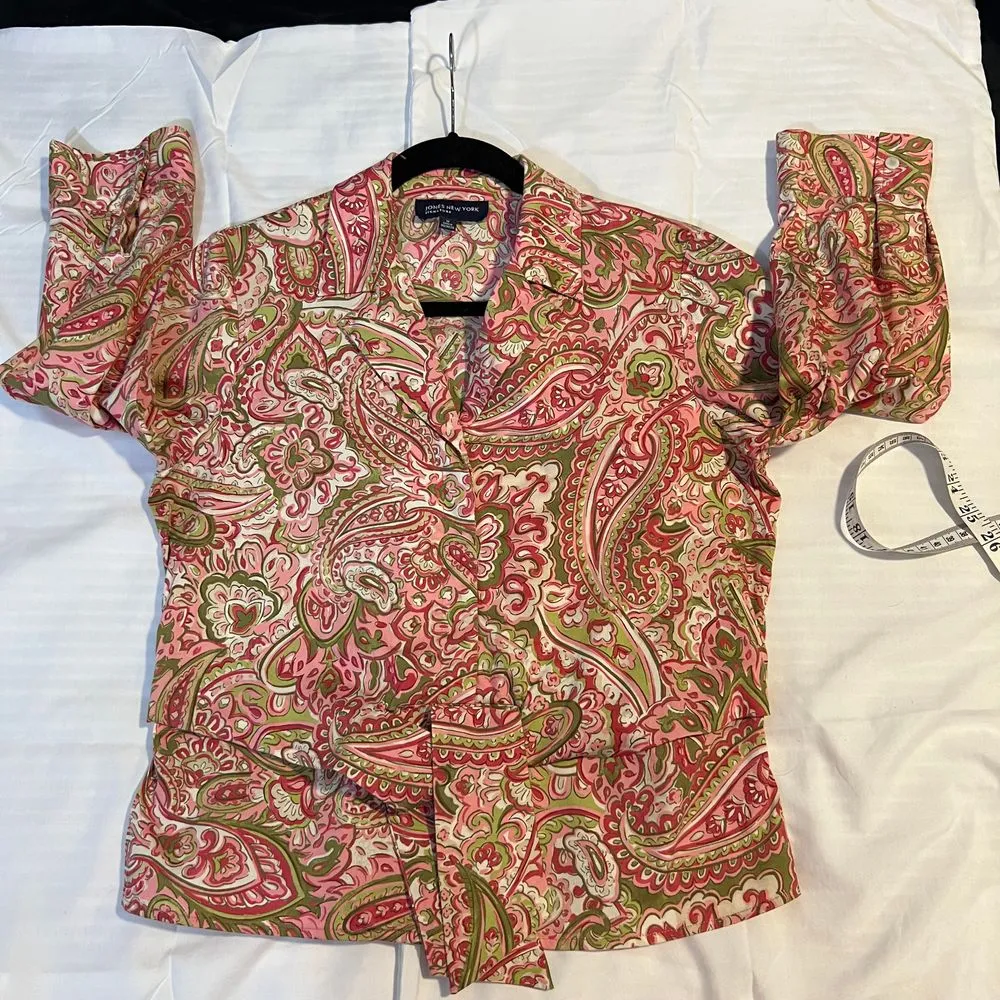 Jones New York Pink & Green Paisley Print Blouse 3/4 Sleeve Professional Top-M‎ - Image 4