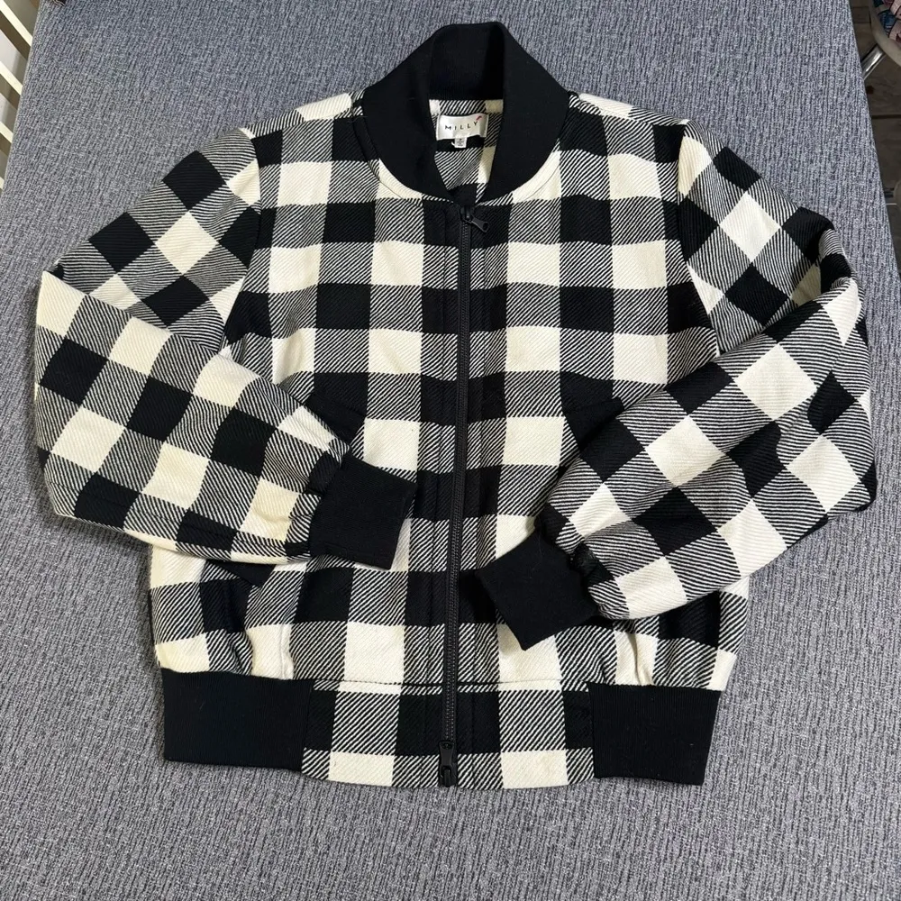Milly Black and White Plaid Wool Zip Up Bomber Jacket - Image 3