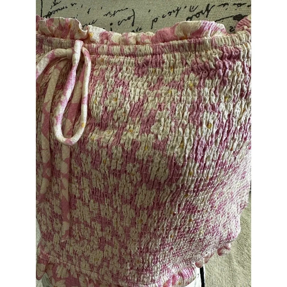 New Zara Women's Pink Yellow Floral Smocked Ruffle Cropped Off Shoulder Top XL - Image 7