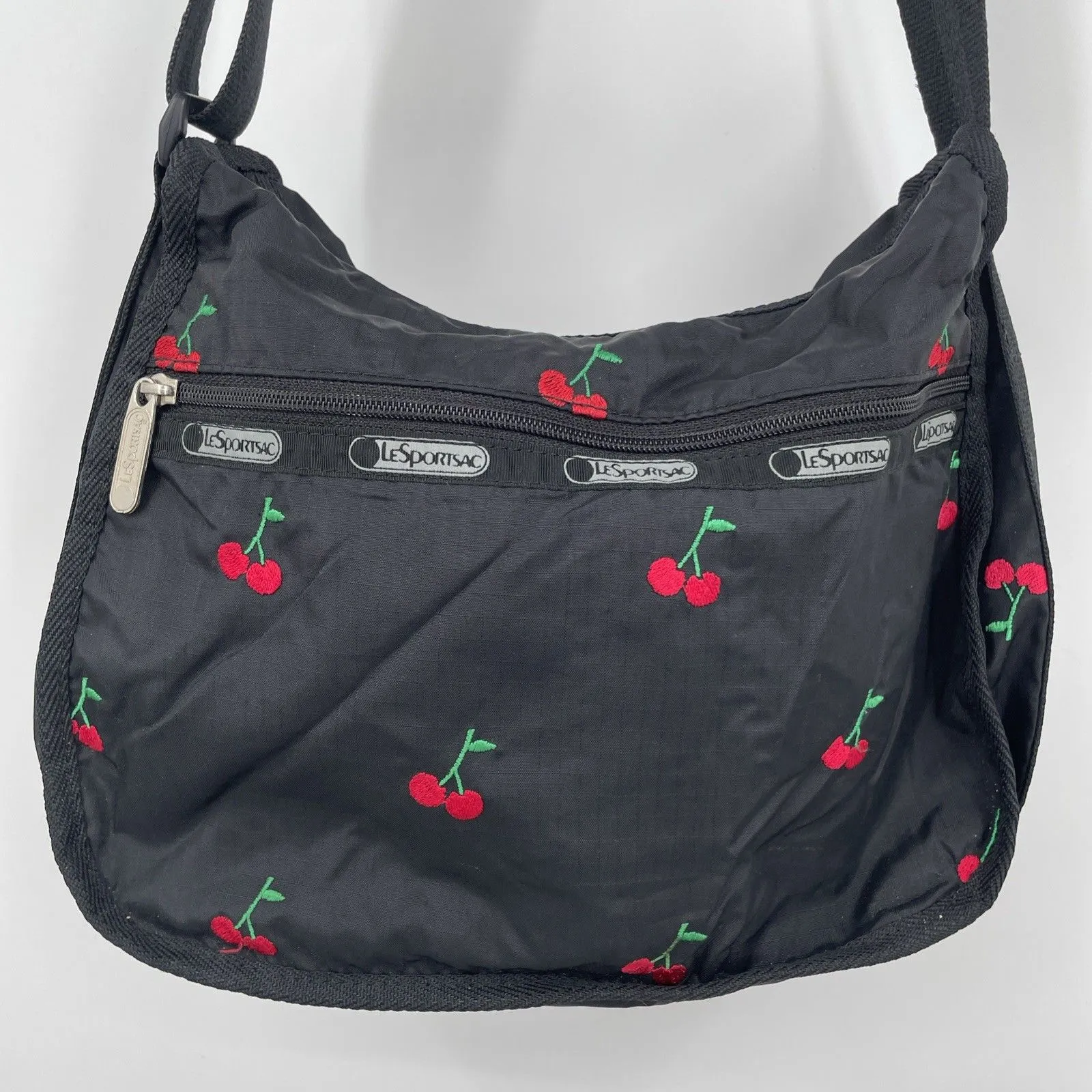 LeSportsac HTF Red Cherries Embroidered Shoulder Bag Purse Clean Black - Image 1