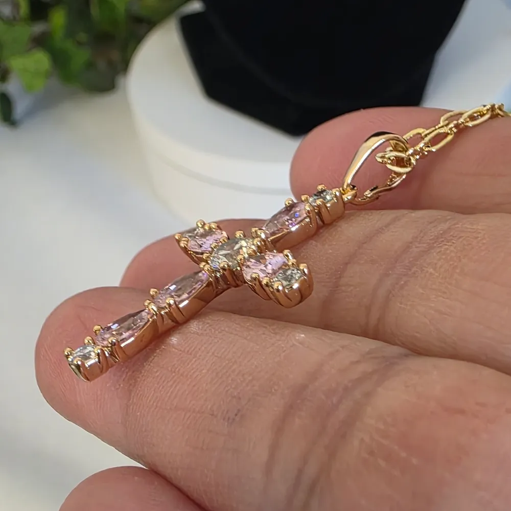 Gold Chain Necklace with Pink Crystal Cross Charm Pendant - Image 8