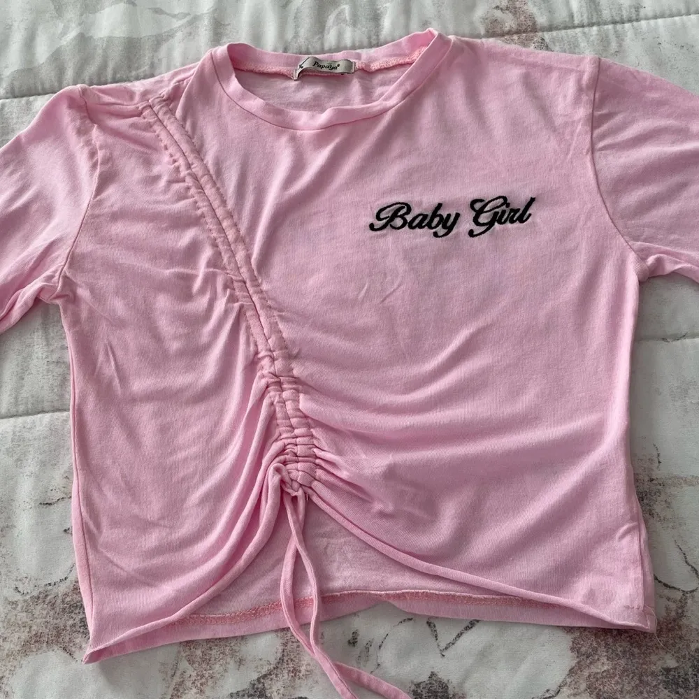 Papaya “Baby Girl” pink embroidered gathered cotton modal crop top, size S boho - Image 10