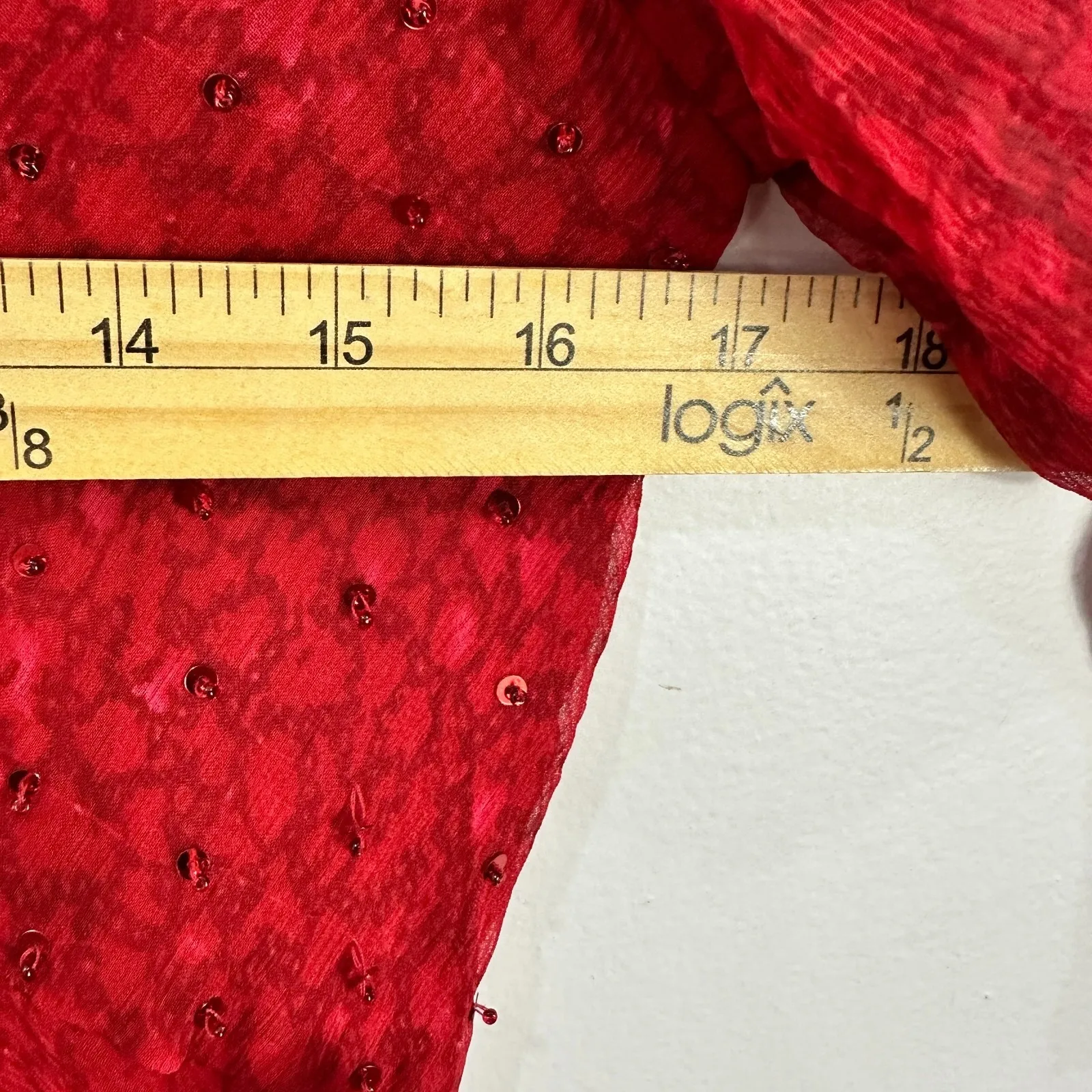 Vision Apparel Dress 6 Red Silk Sequin Sheer Sleeve Midi Gown‎ Y2K Vintage Glam - Image 5